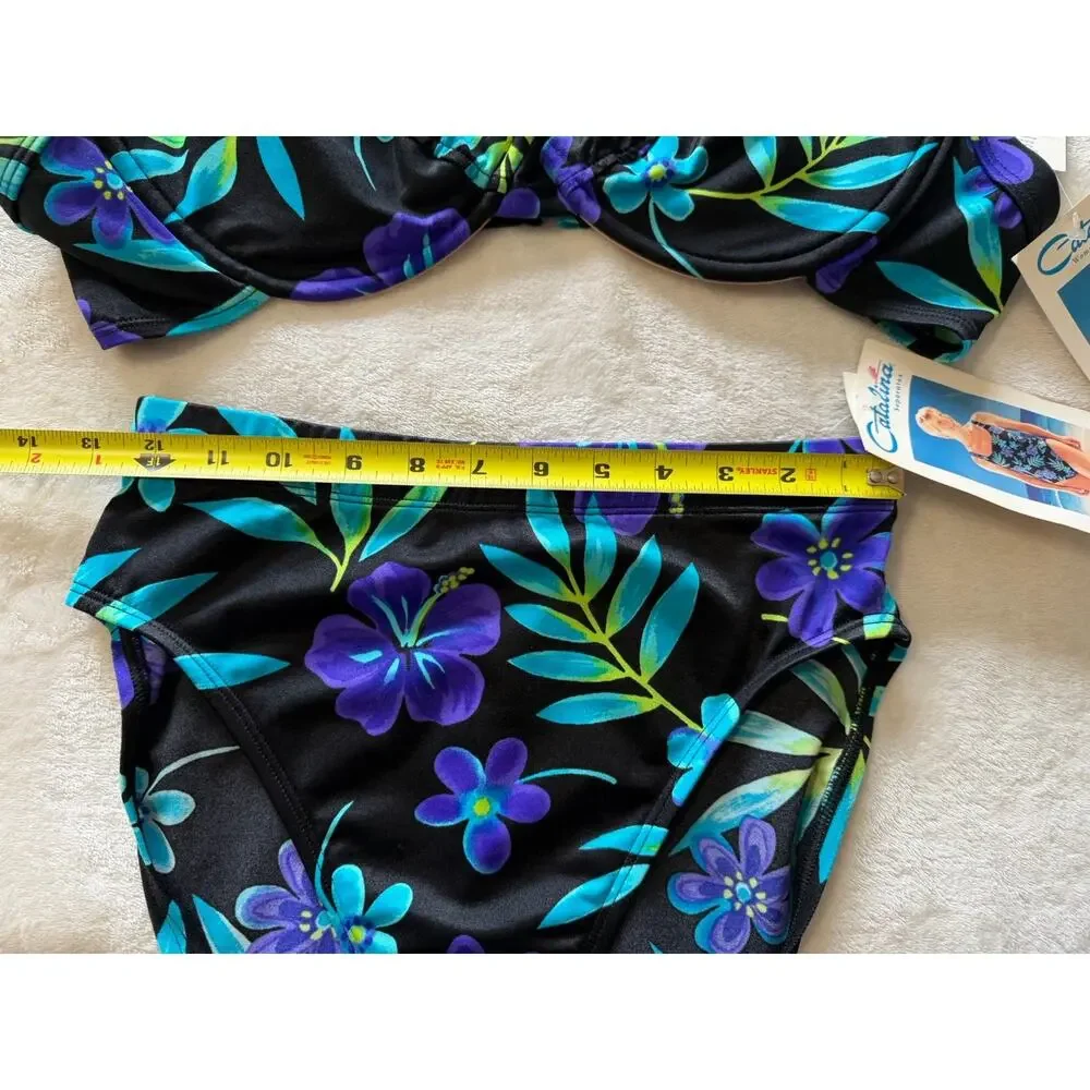 VTG NWT Catalina Floral Bikini Set Black Blue Tropical High Waist Size M/1X (XL)